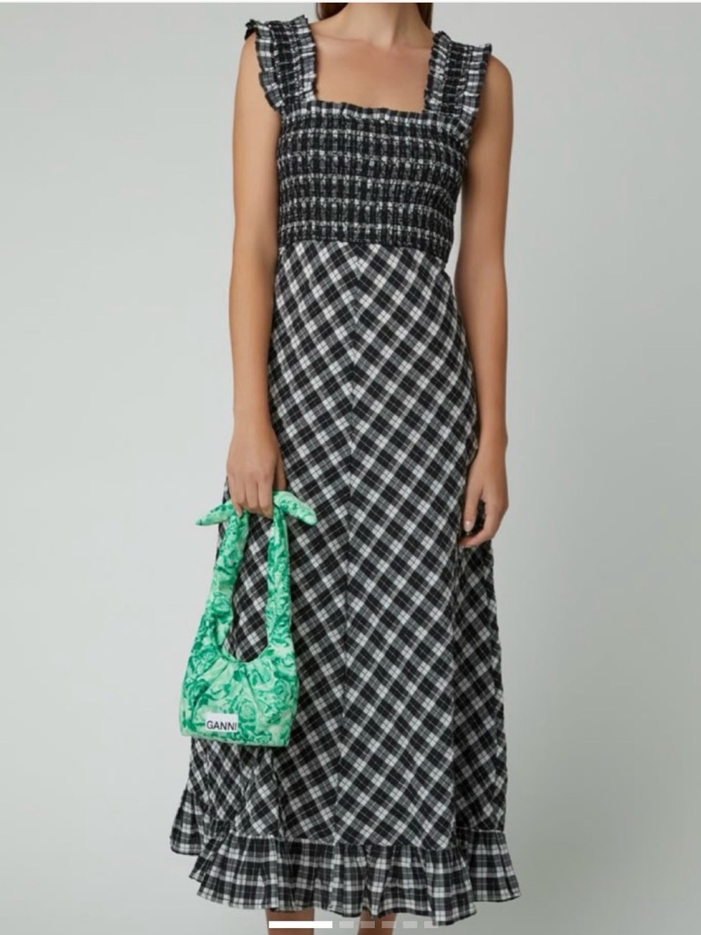 Ganni Black & White Gingham Smocked Midi Dress